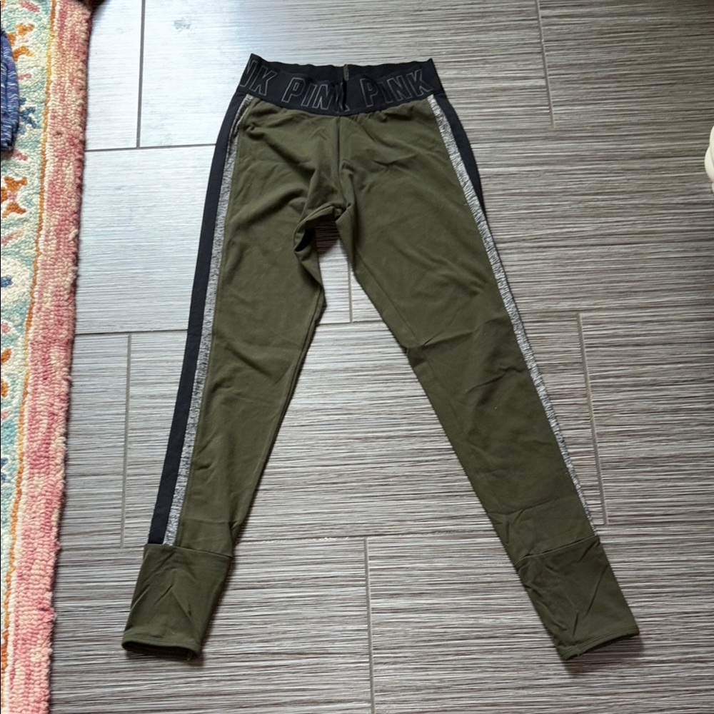 Pink Olive Green Leggings with Black and Gray Stripes